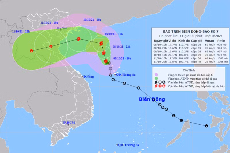 Vị trí và hướng di chuyển của bão số 7. (Nguồn: nchmf.gov.vn)