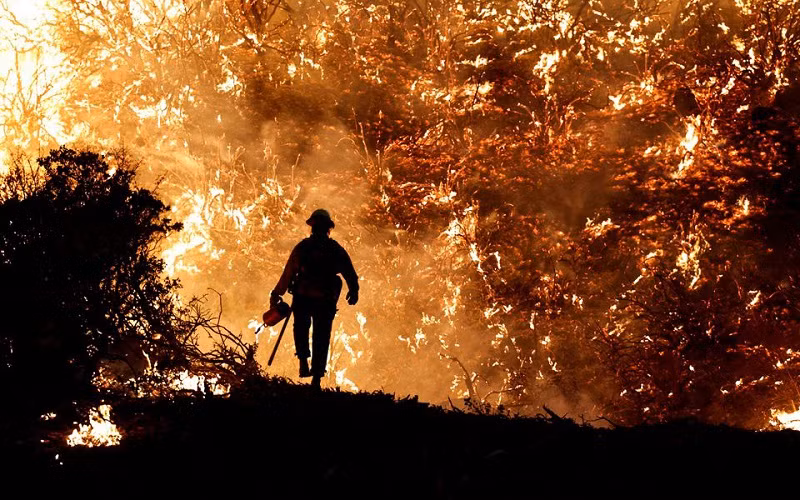 Một nhân viên cứu hỏa đối diện với đám cháy Caldor ở bang California, Mỹ hồi tháng 8/2021. (Ảnh: Reuters)