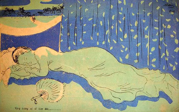 "Vầng trăng ai xẻ làm đôi..." - Tranh của họa sĩ Nguyễn Tường Lân. Ảnh: Vietnamarts.vn