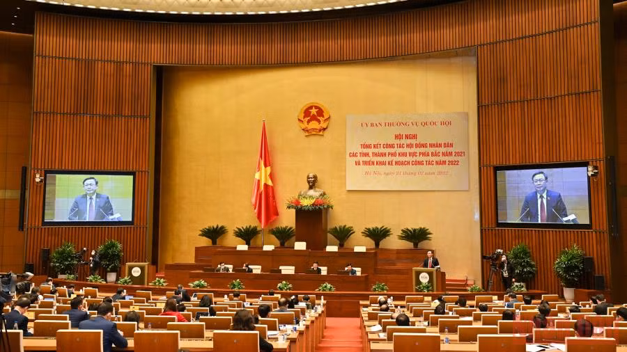 Quang cảnh Hội nghị tổng kết công tác HĐND các tỉnh, thành phố khu vực phía bắc năm 2021 và triển khai kế hoạch công tác năm 2022. 