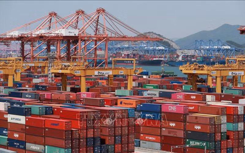 Container hàng hóa tại cảng Busan. (Ảnh: YONHAP/TTXVN)
