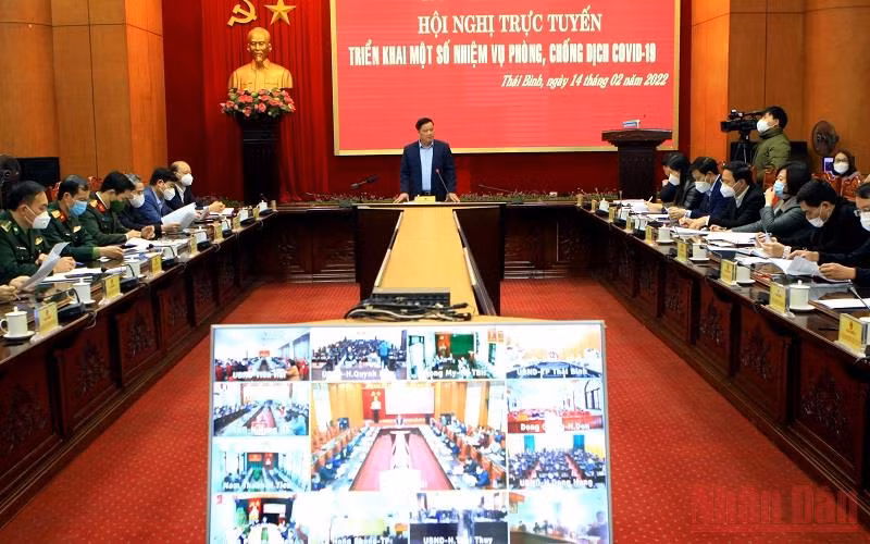 Quang cảnh Hội nghị phòng, chống dịch tại tỉnh Thái Bình diễn ra chiều 14/2.