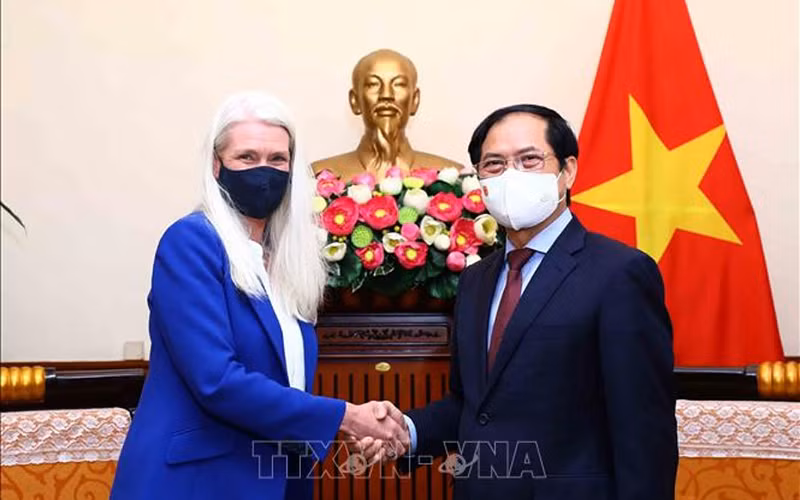Bộ trưởng Ngoại giao Bùi Thanh Sơn tiếp xã giao Quốc Vụ khanh phụ trách châu Á-Thái Bình Dương Amanda Milling. Ảnh: TTXVN