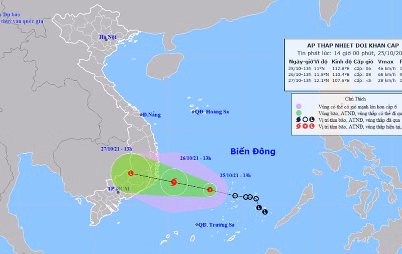 Vị trí và hướng di chuyển của áp thấp nhiệt đới. (Nguồn: nchmf.gov.vn)