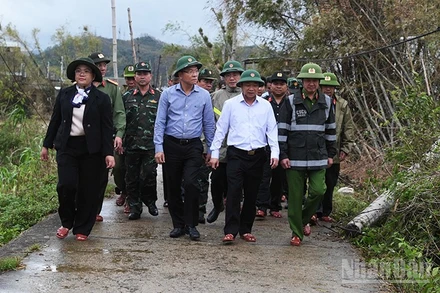 Phó Thủ tướng Lê Thành Long (áo sơ mi xanh) kiểm tra thiệt hại do thiên tai tại Gia Lai.