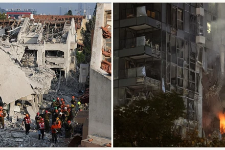 Ảnh trái: Tòa nhà tại Tehran (Iran) bị hư hại sau khi trúng không kích của Israel, ngày 13/6/2025. Ảnh phải: Khói lửa bốc lên từ một tòa nhà bị trúng tên lửa trong cuộc tấn công đáp trả của Iran xuống Tel Aviv (Israel), ngày 13/6/2025. (Ảnh: TTXVN)