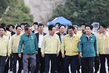 Tổng thống Lee Jae Myung (hàng đầu, thứ hai từ bên trái) thăm thành phố Gangneung, ngày 30/8/2025. (Ảnh: Văn phòng Tổng thống Hàn Quốc)