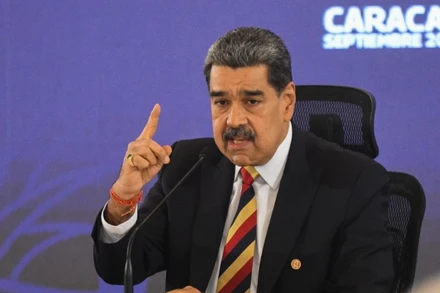 Tổng thống Venezuela Nicolas Maduro trong cuộc họp báo tại Caracas, tháng 9/2025. (Ảnh: THX/TTXVN)