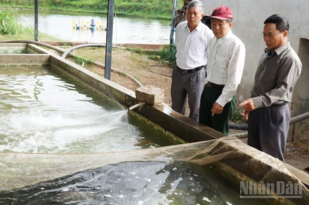 Ông Hoàng Danh Chuyền (bên trái) chăm sóc đàn cá, phát triển kinh tế gia đình.
