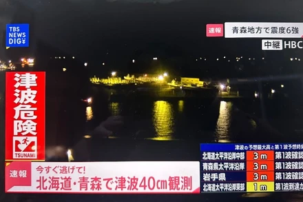 Thông tin về trận động đất có độ lớn 7,6 ở ngoài khơi tỉnh Aomori (Nhật Bản) được phát trên truyền hình tại thủ đô Tokyo, ngày 9/12/2025. (Ảnh: THX/TTXVN) 