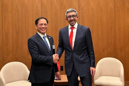 Phó Thủ tướng Chính phủ Bùi Thanh Sơn gặp Phó Thủ tướng, Bộ trưởng Ngoại giao Các Tiểu vương quốc Arab thống nhất (UAE) Sheikh Abdullah bin Zayed Al Nahyan. (Ảnh: Bộ Ngoại giao Việt Nam)