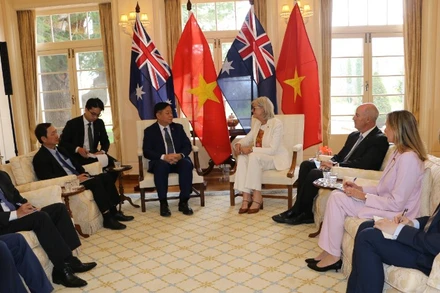 Đồng chí Nguyễn Trọng Nghĩa gặp và làm việc với Toàn quyền Sam Monstyn. (Ảnh: TTXVN)