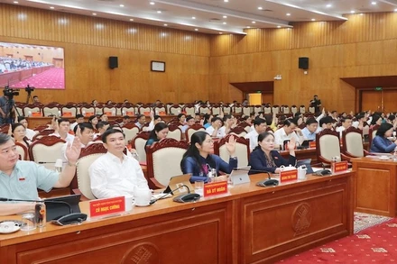 Các đại biểu biểu quyết thông qua nghị quyết. (Ảnh: TUẤN SƠN)