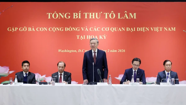 Tổng Bí thư Tô Lâm phát biểu tại buổi gặp gỡ. (Ảnh: Thống Nhất/TTXVN)