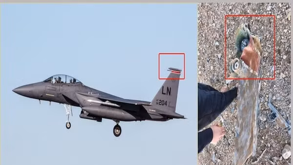Bức ảnh mảnh vỡ máy bay bị IRGC bắn rơi trên bầu trời Iran vào ngày 3/4/2026 phù hợp với phần đuôi của tiêm kích F-15E Strike Eagle của Không quân Mỹ. (Ảnh: Telegram/TTXVN)