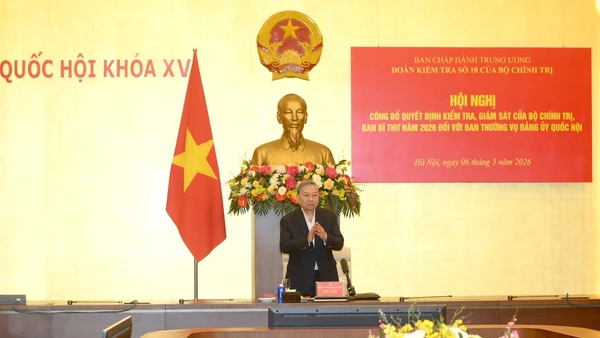 Tổng Bí thư Tô Lâm chủ trì Hội nghị công bố quyết định kiểm tra, giám sát của Bộ Chính trị, Ban Bí thư năm 2026 đối với Ban Thường vụ Đảng ủy Quốc hội. (Ảnh: ĐĂNG KHOA)