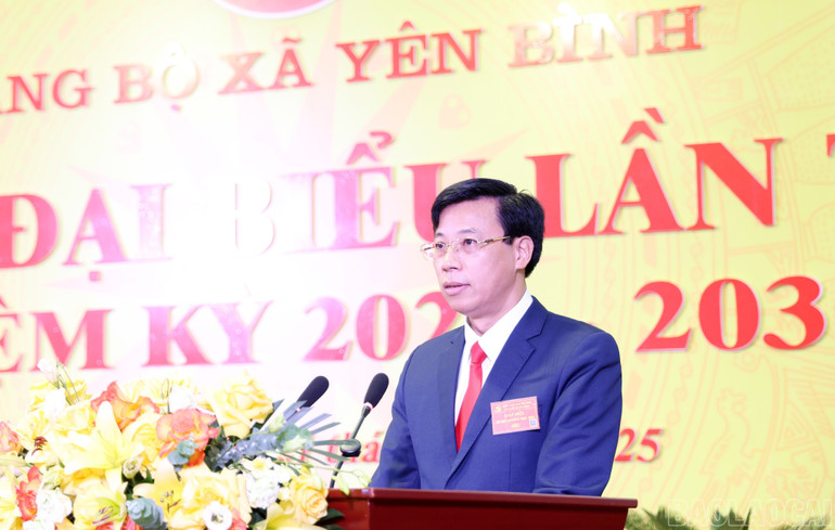 Bí thư Đảng ủy xã Yên Bình Lê Minh Đức phát biểu tại Đại hội. img-7748.jpg