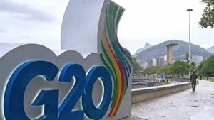 Biểu tượng G20 tại Rio de Janeiro (Brazi;) hồi tháng 11 năm ngoái. (Ảnh: THX/TTXVN)