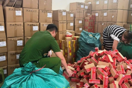 Cơ quan chức năng kiểm tra kho hàng của Công ty TNHH Hải Bé. (Ảnh: Công an Ninh Bình cung cấp)