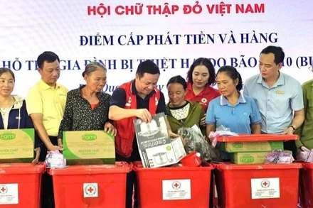 Đoàn công tác Trung ương Hội Chữ thập đỏ Việt Nam trao tiền và hàng cứu trợ cho các hộ gia đình bị thiệt hại do bão số 10 tại xã Đức Quang, tỉnh Hà Tĩnh.