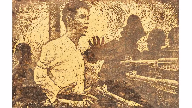 Tranh khắc gỗ “Anh Nguyễn Văn Trỗi” của họa sĩ Hoàng Đạo Khánh.