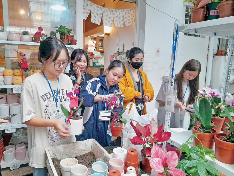 Các bạn trẻ, tình nguyện viên đang chăm chút cho cây, cho hoa để “đổi” lấy rác, phế liệu.