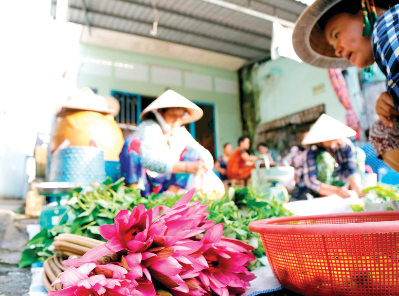 Hoa súng được bày bán tại chợ mùa nước nổi. Ảnh: Khiếu Minh