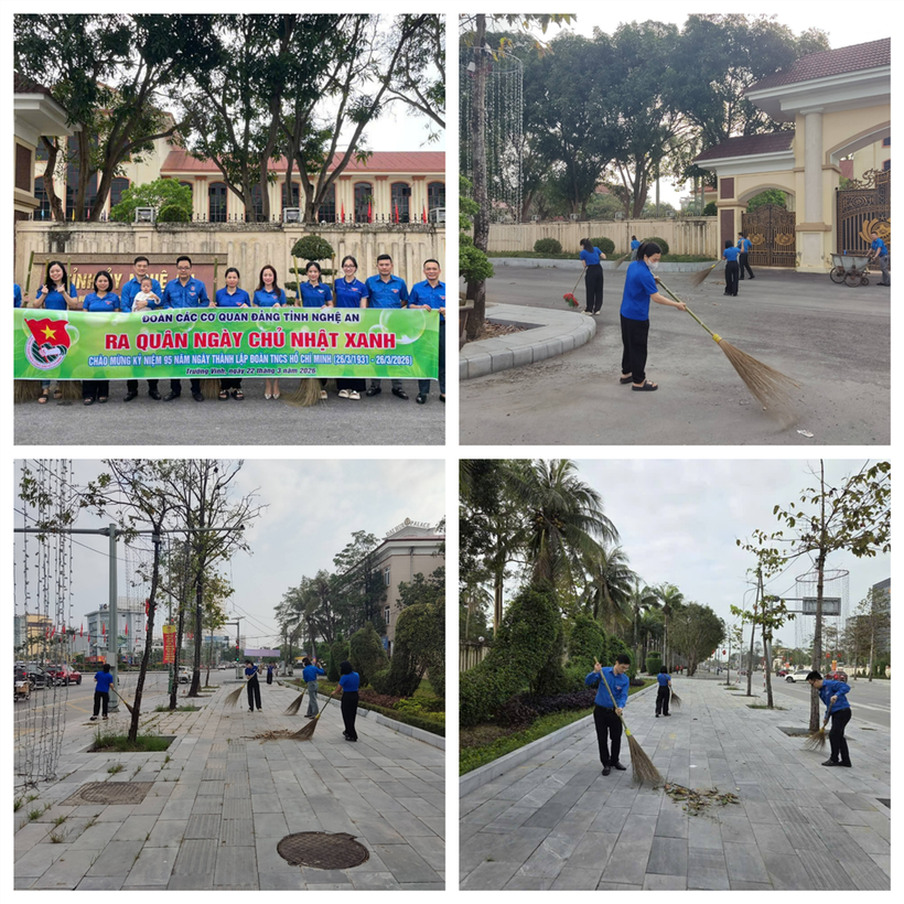 Chi đoàn Cơ quan Tỉnh ủy và Chi đoàn Cơ quan Đảng ủy các cơ quan Đảng tỉnh ra quân Ngày chủ nhật Xanh tại đoạn đường trước cổng Cơ quan Tỉnh ủy