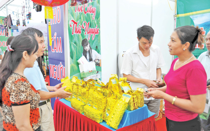 Gian hàng nông sản của tỉnh Thái Nguyên tại một hội chợ xúc tiến thương mại . Ảnh: Nam Anh