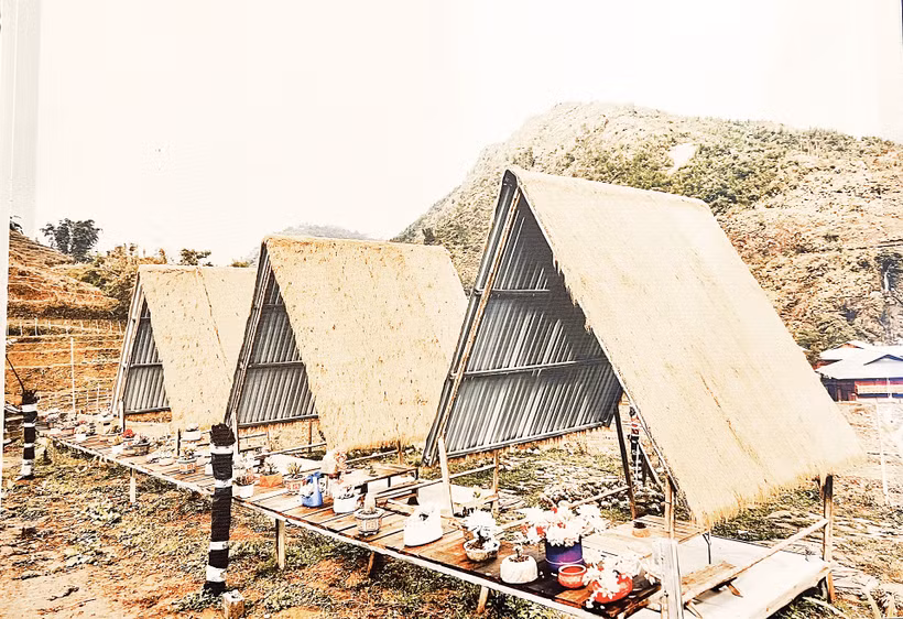 Quán cà-phê của gia đình chị Má Thị La, thôn Lao Chải, xã Tả Van, được giới thiệu tại phần Sáng tạo để phát triển, trong triển lãm Gieo xanh nơi đỉnh mây. Ảnh: Chụp từ triển lãm. 