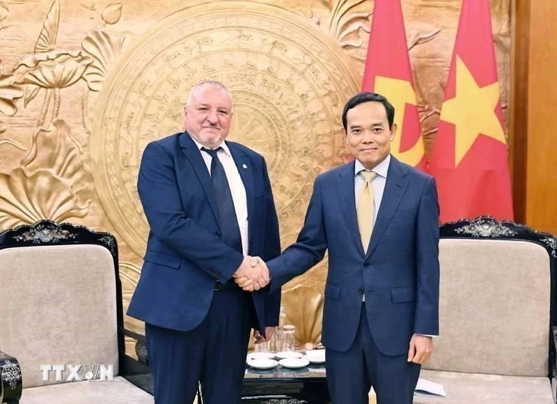 Bí thư Trung ương Đảng, Trưởng Ban Chính sách, Chiến lược Trung ương Trần Lưu Quang tiếp Chủ tịch Đảng Xã hội Hungary Imre Komjáthi. (Ảnh: Minh Đức/TTXVN)