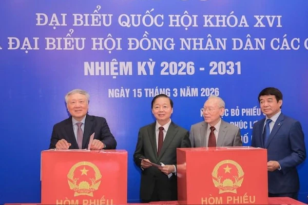 Phó Thủ tướng Thường trực Chính phủ Nguyễn Hòa Bình và Phó Thủ tướng Chính phủ Trần Hồng Hà thực hiện bỏ phiếu bầu cử.