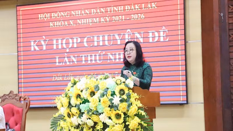 Phó Bí thư Thường trực Tỉnh ủy, Chủ tịch Hội đồng nhân dân tỉnh Đắk Lắk Cao Thị Hòa An phát biểu tại kỳ họp.