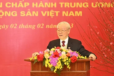Tổng Bí thư Nguyễn Phú Trọng phát biểu tại Lễ nhận Huy hiệu 55 năm tuổi Đảng. (Ảnh: Đăng Khoa)