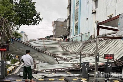 Mái che bằng tôn tại Bệnh viện Phụ sản Thái Bình sập đổ hoàn toàn.