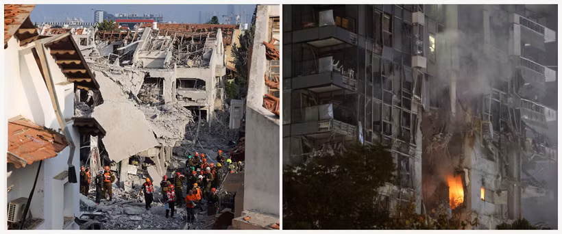 Ảnh trái: Tòa nhà tại Tehran (Iran) bị hư hại sau khi trúng không kích của Israel, ngày 13/6/2025. Ảnh phải: Khói lửa bốc lên từ một tòa nhà bị trúng tên lửa trong cuộc tấn công đáp trả của Iran xuống Tel Aviv (Israel), ngày 13/6/2025. (Ảnh: TTXVN)