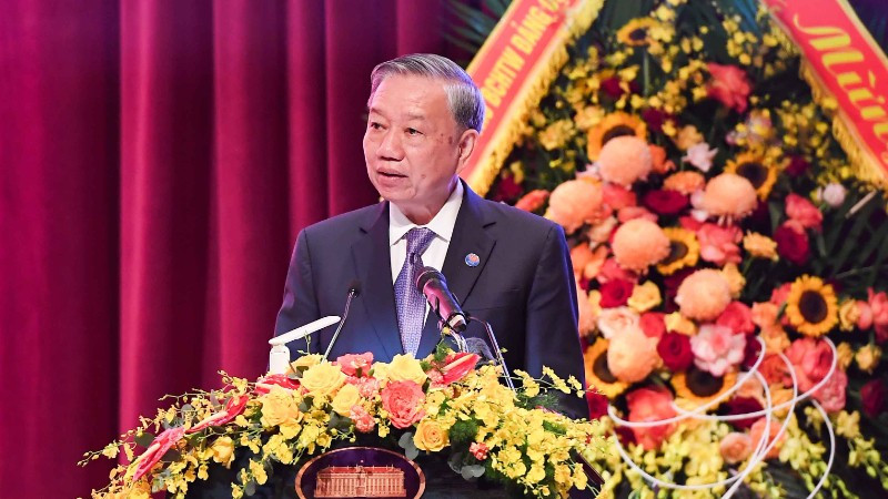 Tổng Bí thư Tô Lâm và phát biểu tại buổi lễ. (Ảnh: Bộ Ngoại giao)
