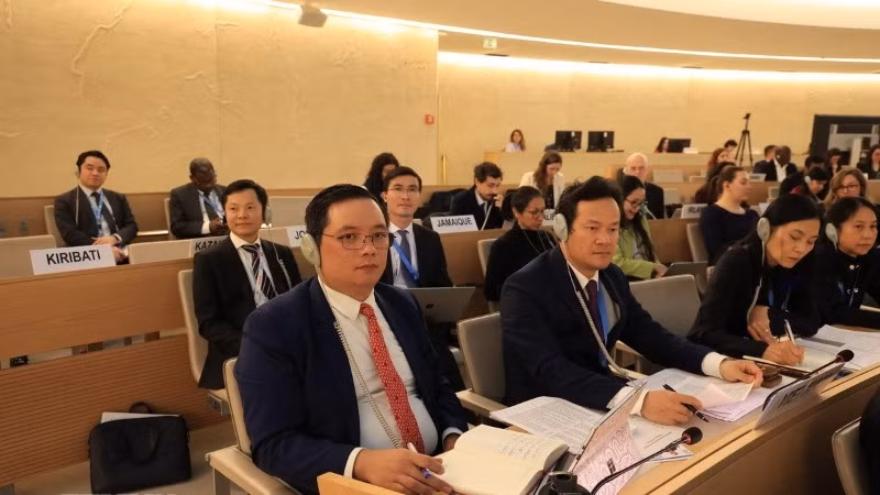 Đoàn Việt Nam tham gia khóa họp lần thứ 58 Hội đồng Nhân quyền Liên hợp quốc, tại Geneva, Thụy Sĩ. (Ảnh: TTXVN)