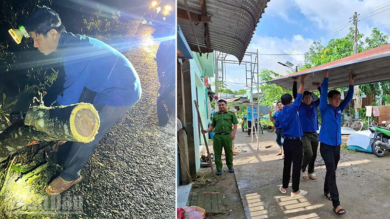 Đoàn viên dọn dẹp cây ngã đổ trên đường và hỗ trợ người dân có nhà bị tốc mái. ndo_bl_dt2.jpg