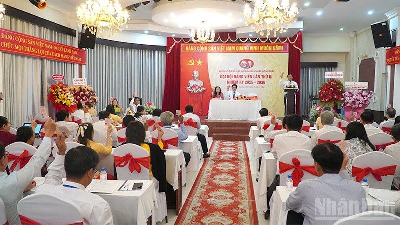 Đại biểu biểu quyết thông qua Nghị quyết đại hội. (Ảnh: HỮU NGHĨA) ndo_br_bieu-quyet-dhdt.jpg