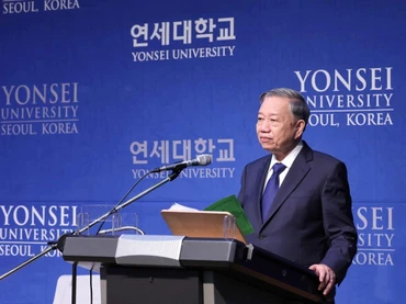 Tổng Bí thư Tô Lâm phát biểu chính sách tại Trường đại học Yonsei. (Ảnh: Thống Nhất-TTXVN)