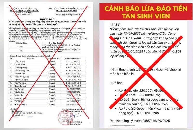 Hai trường hợp lừa đảo được Trường đại học Tài nguyên và Môi trường Hà Nội ghi nhận thời gian gần đây.