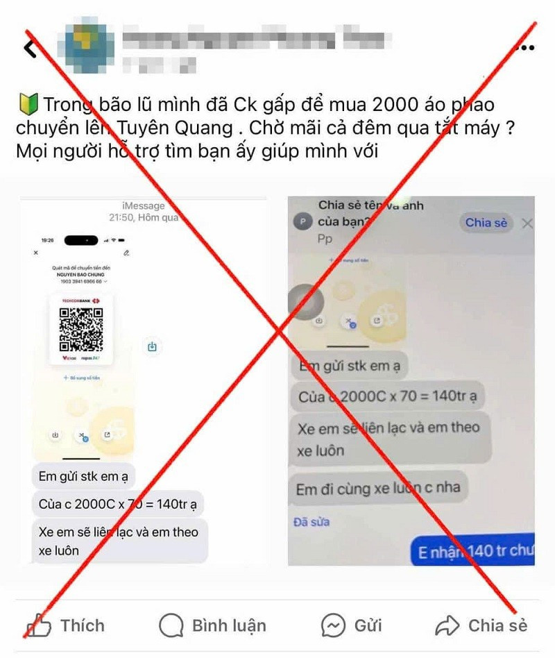 Các đối tượng lợi dụng việc kêu gọi quyên góp, ủng hộ người dân vùng bão, lũ để đưa ra các thông tin sai sự thật nhằm trục lợi. 