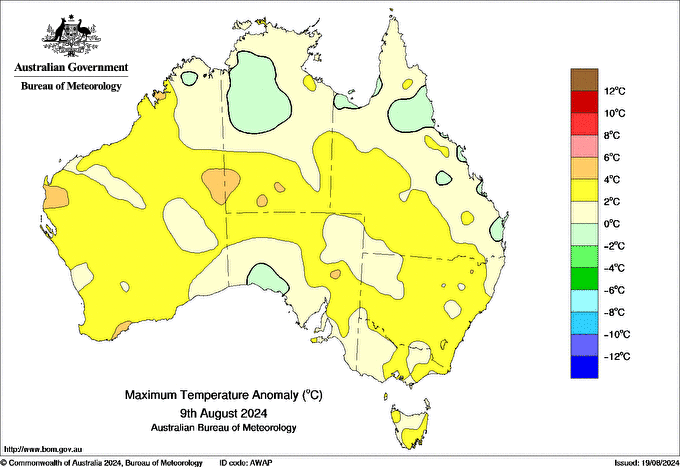 Bản đồ hiển thị các khu vực có nhiệt độ cao hơn mức trung bình giai đoạn 9-28/8 tại Australia. (Ảnh: Cục Khí tượng Australia)