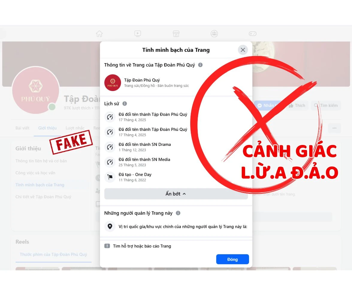 Một fanpage giả mạo thương hiệu Phú Quý để lừa đảo.