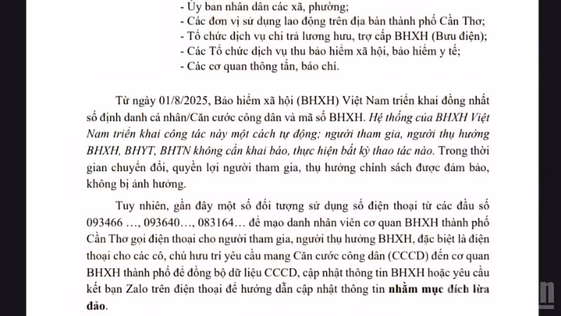Công văn cảnh báo mạo danh nhân viên cơ quan Bảo hiểm xã hội thành phố Cần Thơ. 