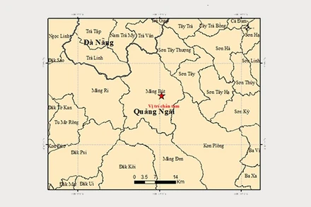 Bản đồ tâm chấn động đất M=4,5 tại xã Măng Bút, tỉnh Quảng Ngãi. (Nguồn: Trung tâm Báo tin động đất và Cảnh báo sóng thần, Viện Các khoa học trái đất)