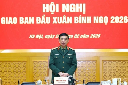 Đại tướng Phan Văn Giang phát biểu tại hội nghị giao ban đầu Xuân Bính Ngọ 2026. Ảnh: BQP