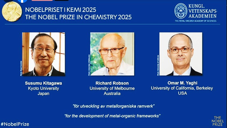 Công bố Giải Nobel Hóa học 2025. Ảnh: NOBELPRIZE 211a.jpg