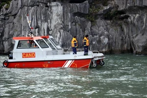 Các xuồng thuộc Phòng Cảnh sát Phòng cháy chữa cháy và Cứu nạn cứu hộ (Công an tỉnh Quảng Ninh) tham gia tìm kiếm khu vực trên vịnh Hạ Long, ngày 23/7. (Ảnh: Đức Hiếu/TTXVN)